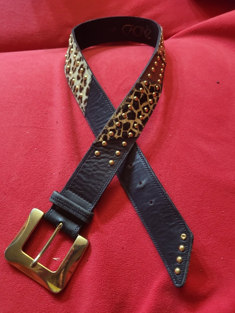 VintageCache Brown Leather Belt with Leopard Accent and Gold Buckle Small